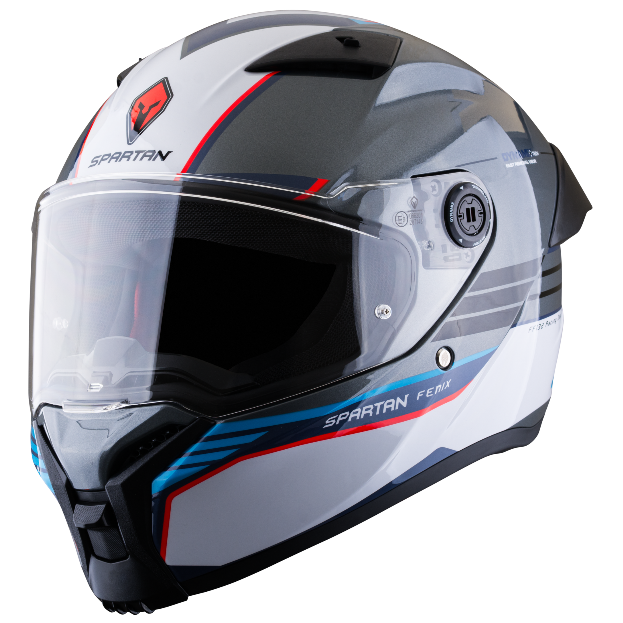 Casco SPARTAN Fenix Slab Gris Blanco Azul Rojo Brillante