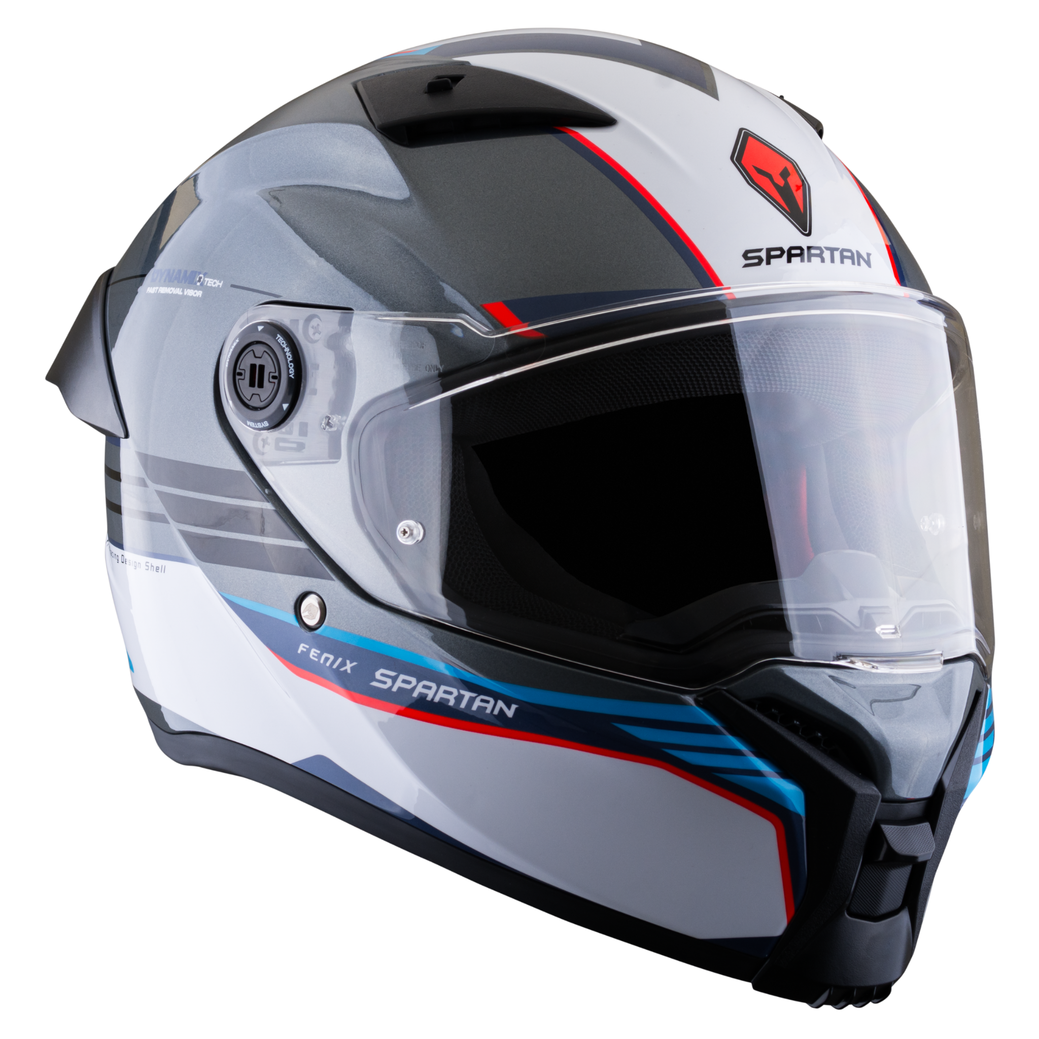 Casco SPARTAN Fenix Slab Gris Blanco Azul Rojo Brillante
