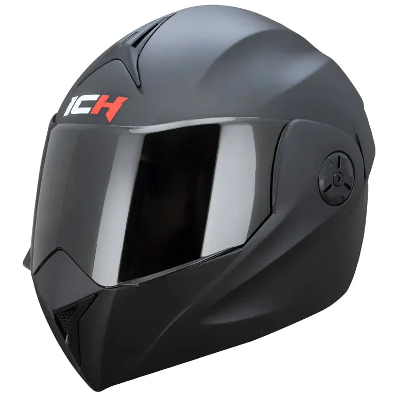Casco abatible ICH 3110 Solid negro mate con mentonera abierta, vista frontal lateral