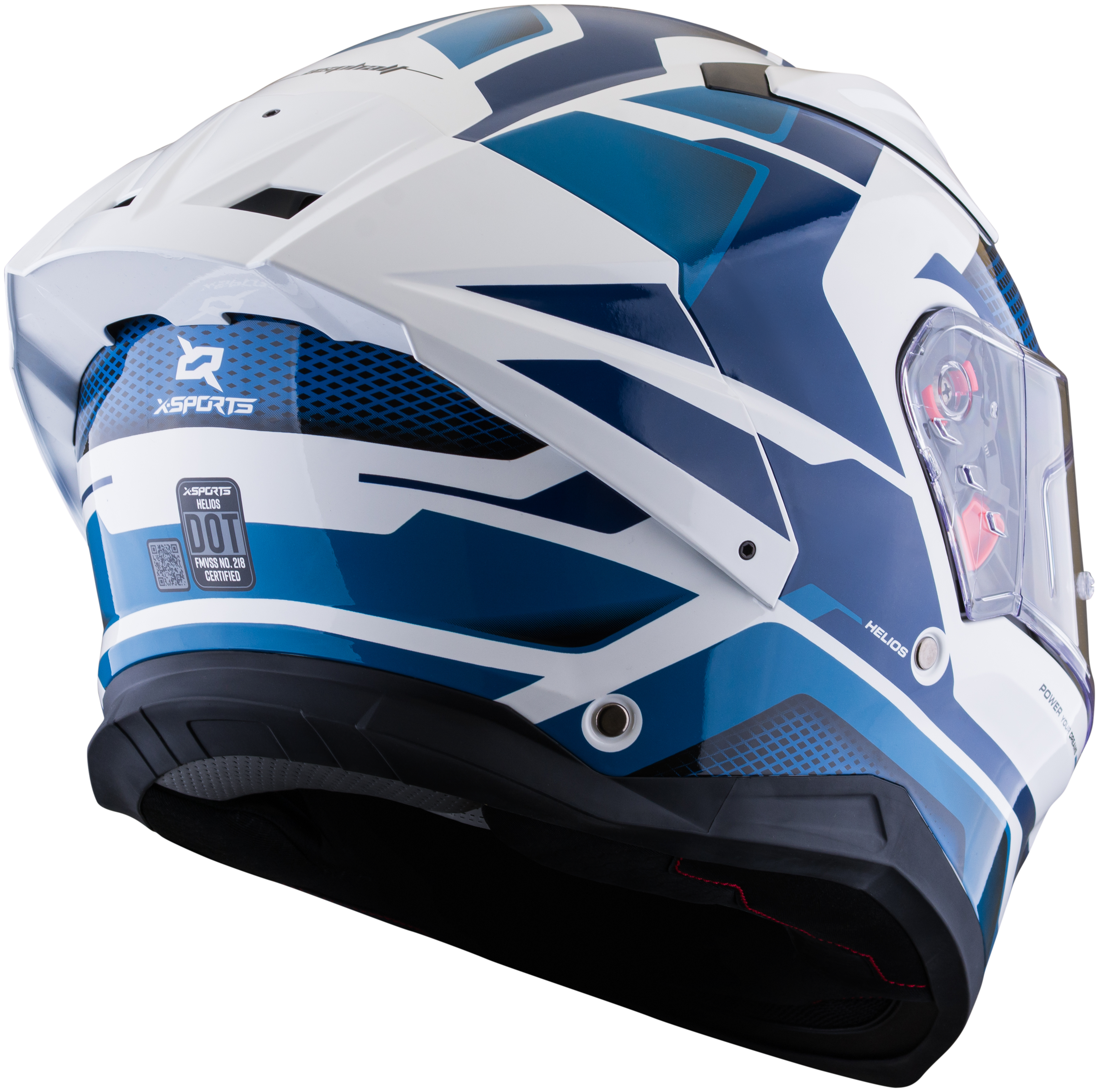 Vista posterior lateral del casco XSPORTS Helios Asphalt blanco azul