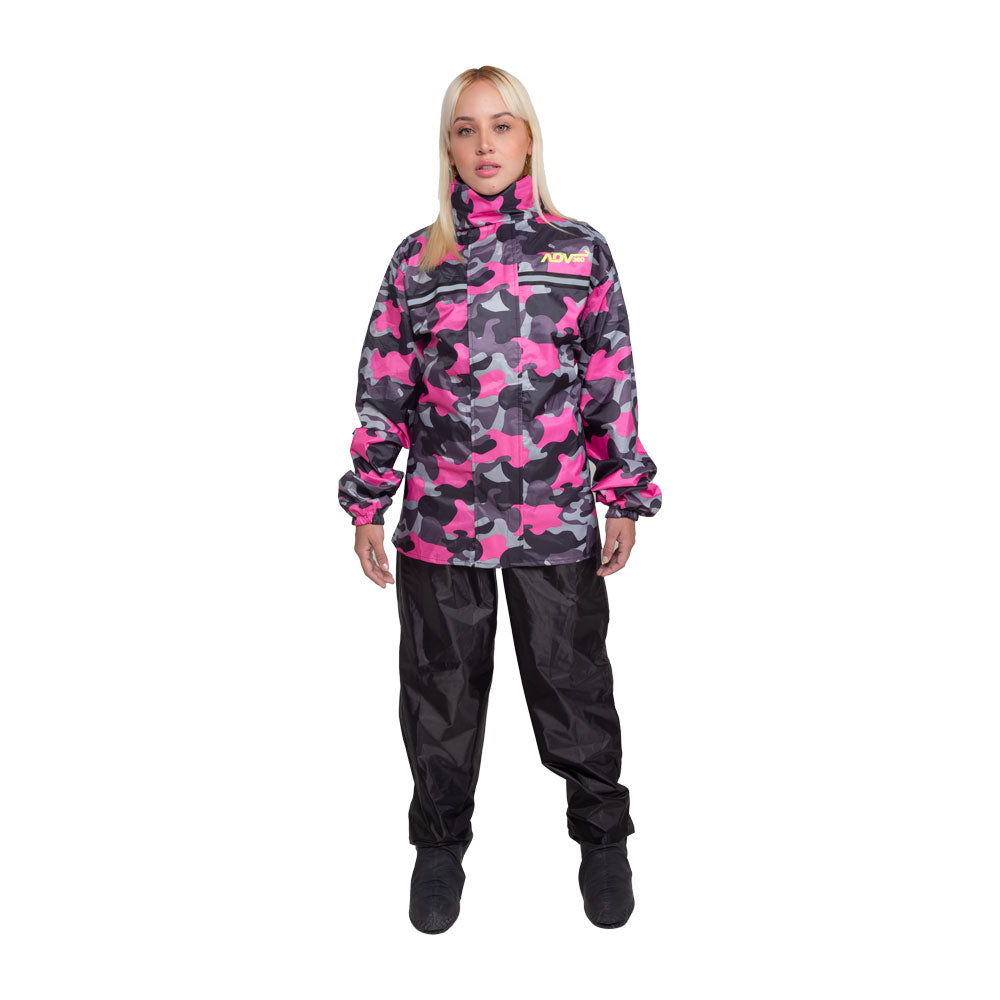 Impermeable Adventure fucsia y negro para moto, vista frontal completa