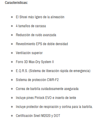 CARACTERISTICAS Shoei