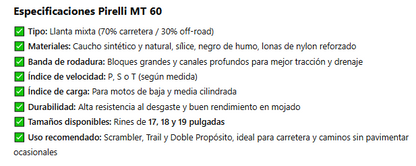 Especificaciones  PIRELLI MT 60