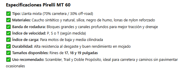Especificaciones  PIRELLI MT 60