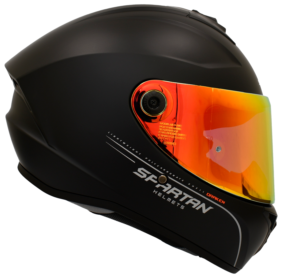 Casco Spartan Draken Solid, negro con visor naranja, vista del costado opuesto