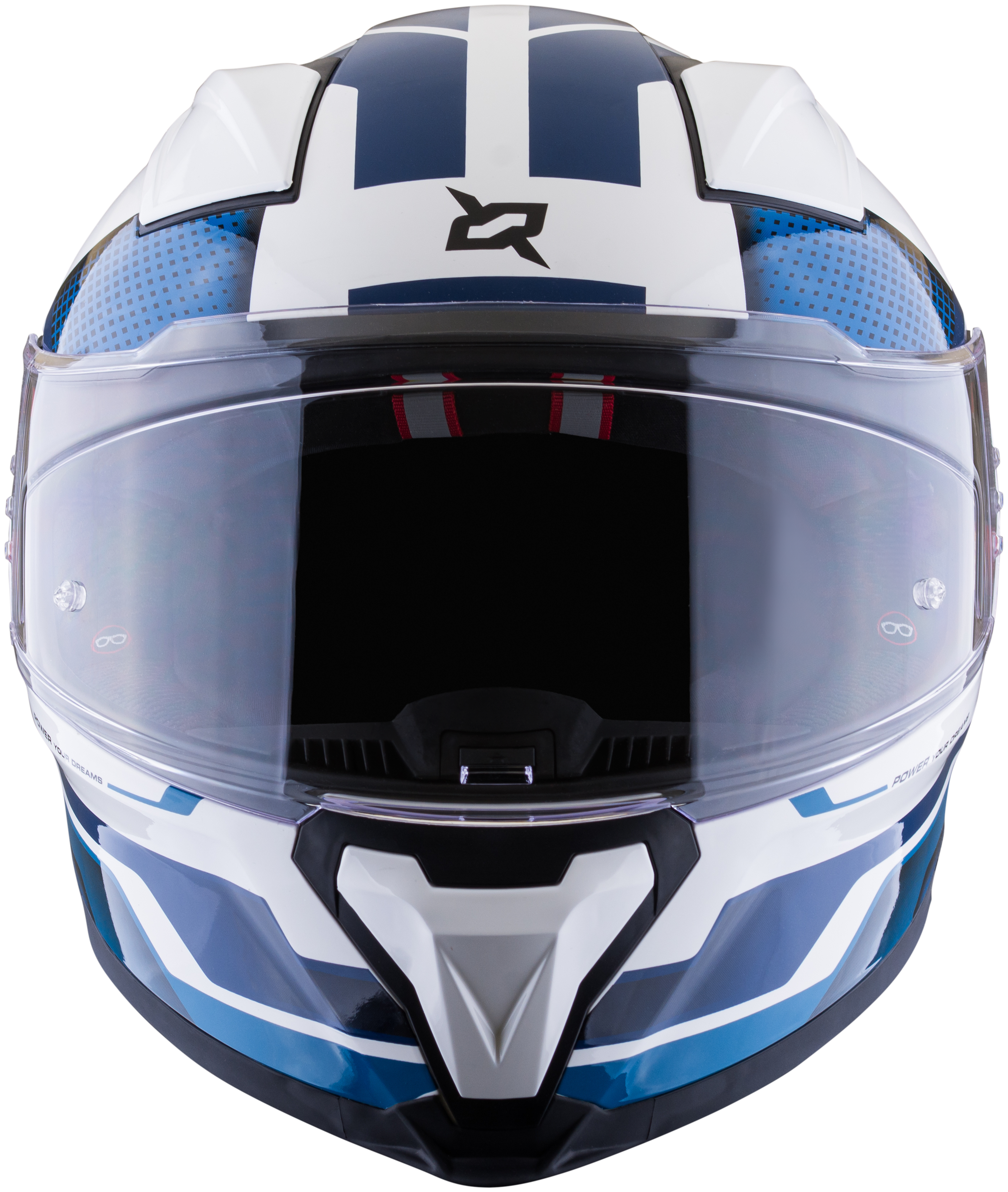 Vista frontal del casco XSPORTS Helios Asphalt blanco azul