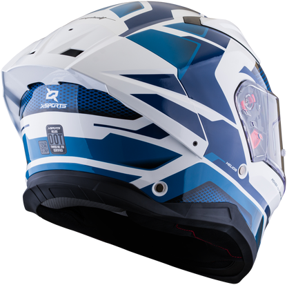 Vista posterior lateral del casco XSPORTS Helios Asphalt blanco azul