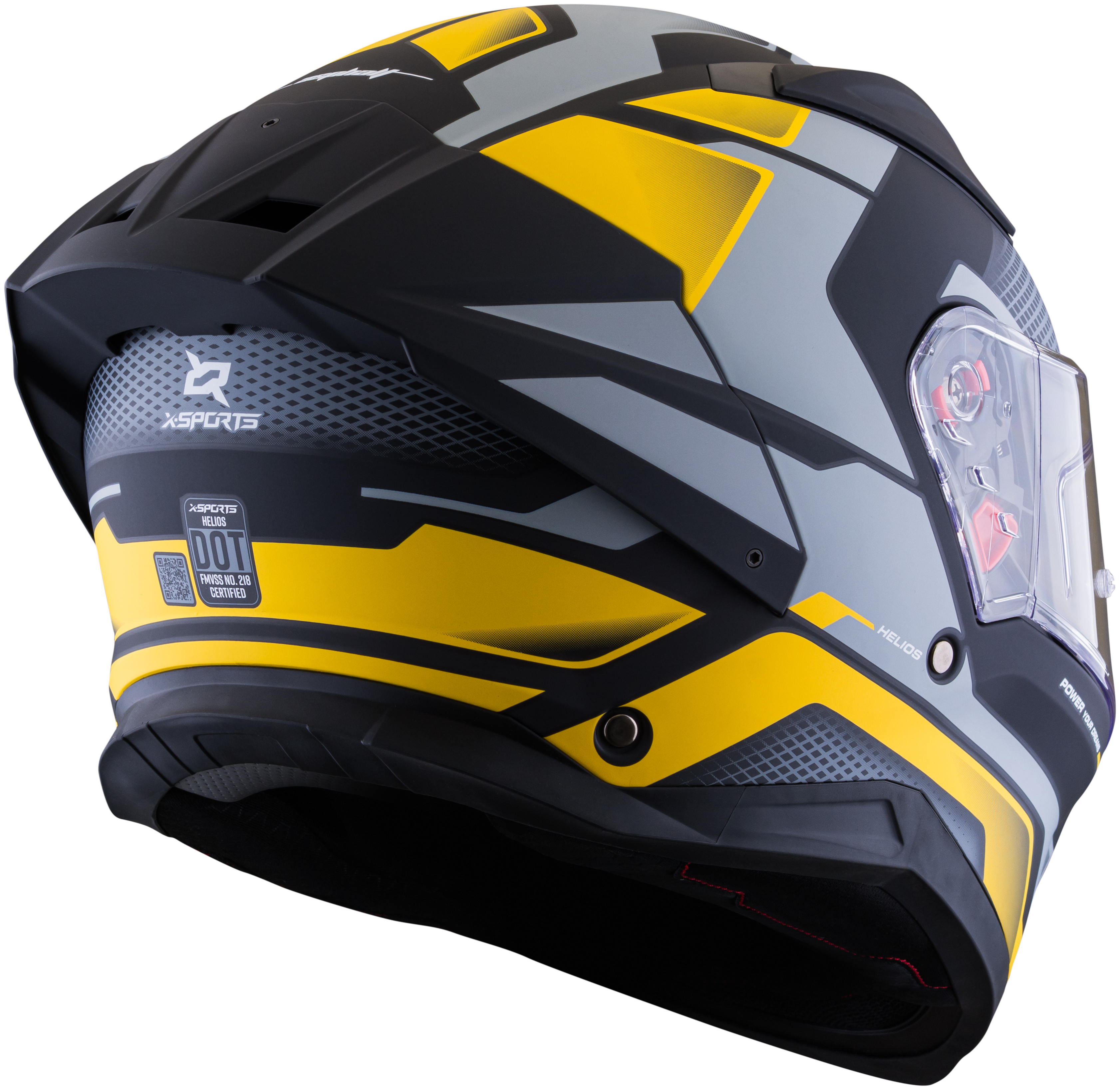 Vista posterior lateral del casco XSPORTS Helios Asphalt gris amarillo
