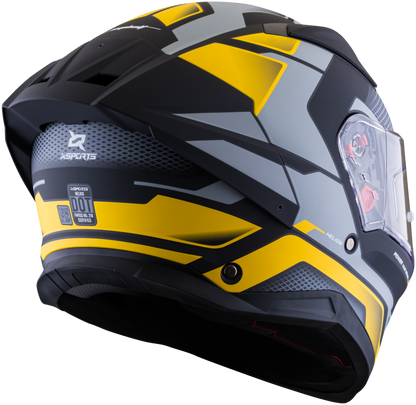 Vista posterior lateral del casco XSPORTS Helios Asphalt gris amarillo