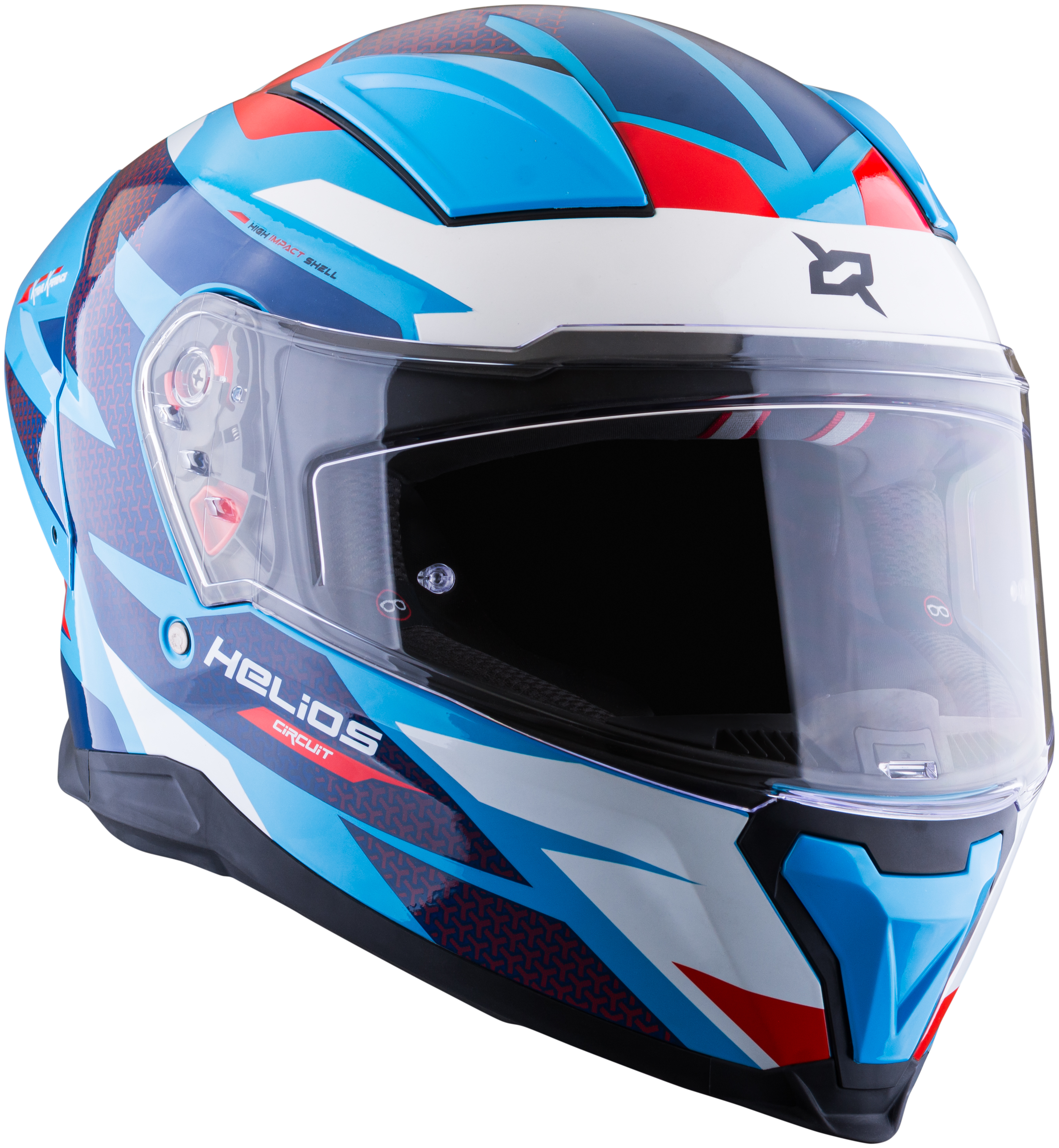 Vista lateral izquierda del casco XSPORTS Helios Circuit negro azul rojo