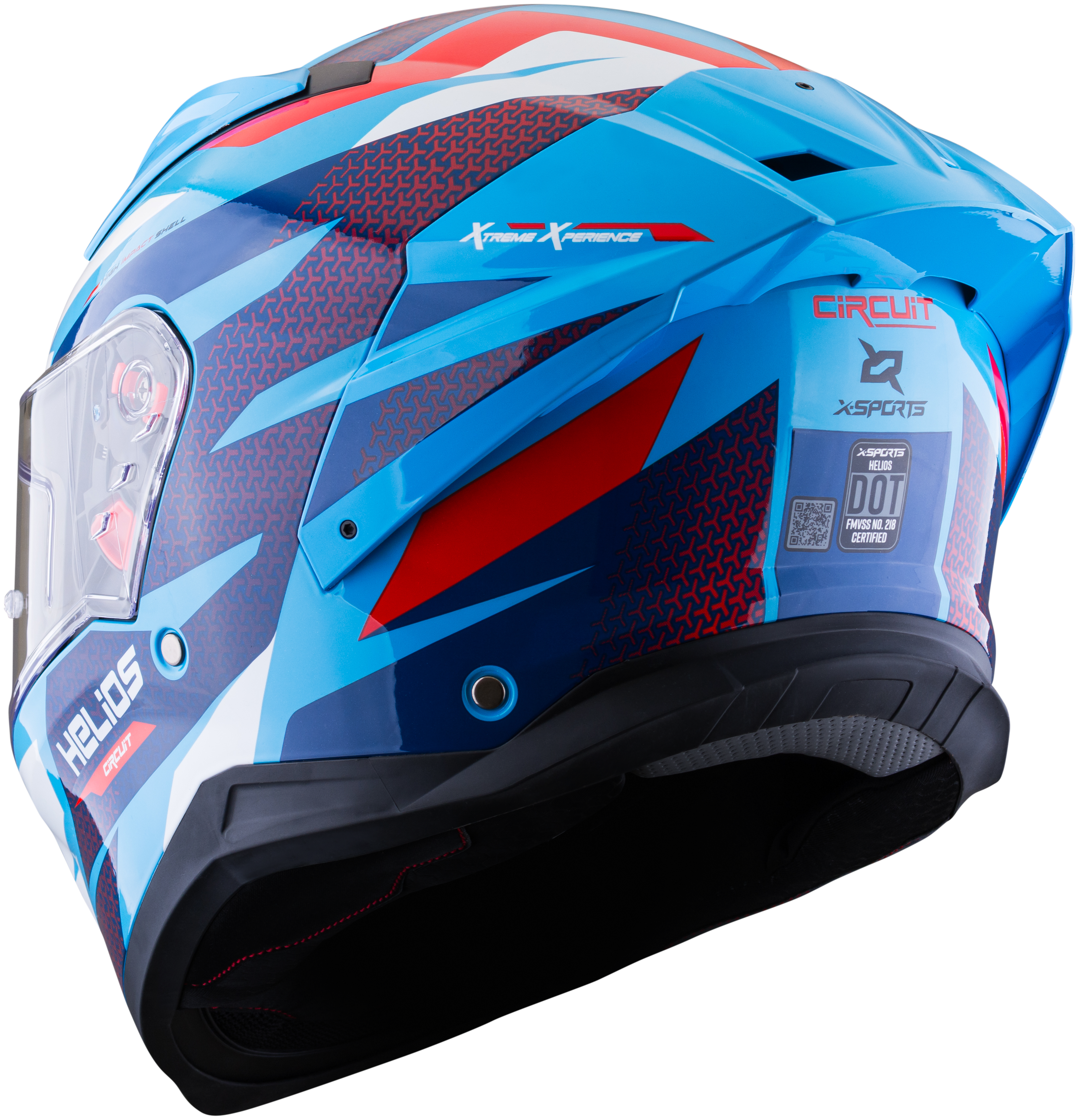 Vista posterior lateral del casco XSPORTS Helios Circuit negro azul rojo