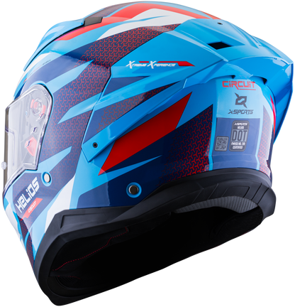 Vista posterior lateral del casco XSPORTS Helios Circuit negro azul rojo