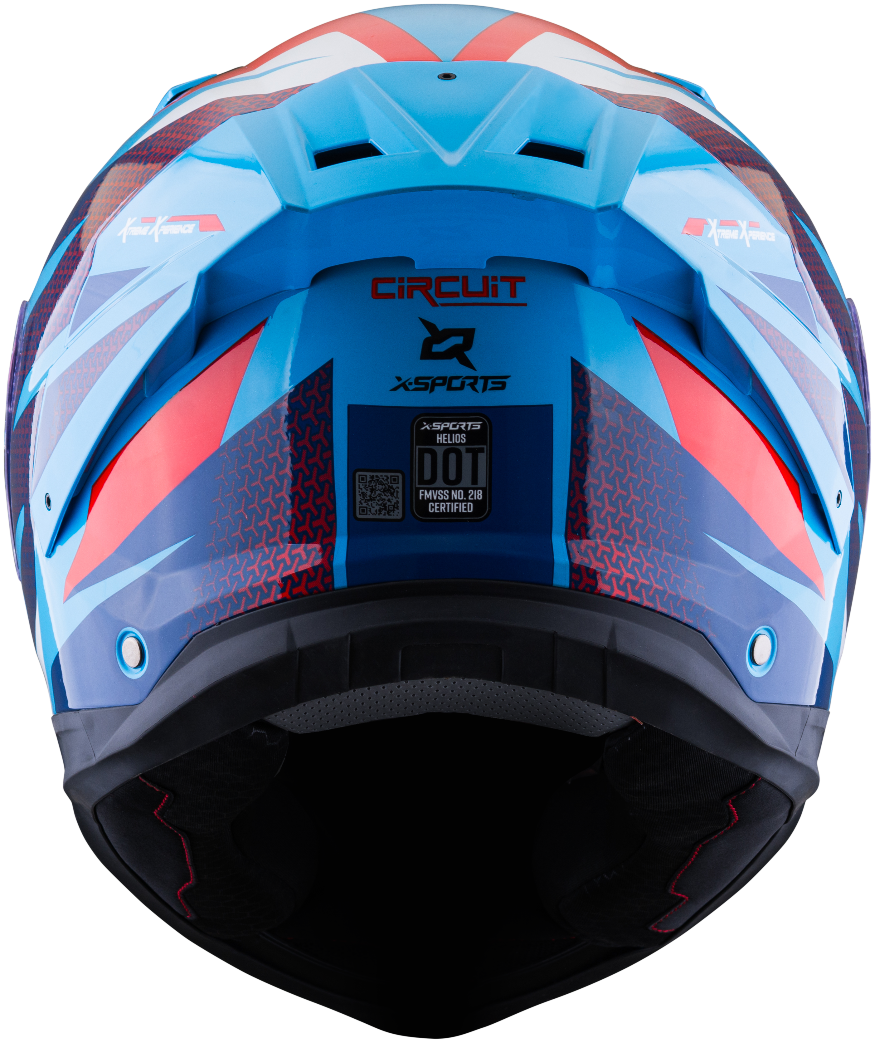 Vista posterior del casco XSPORTS Helios Circuit negro azul rojo