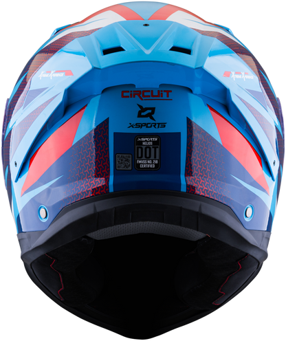 Vista posterior del casco XSPORTS Helios Circuit negro azul rojo