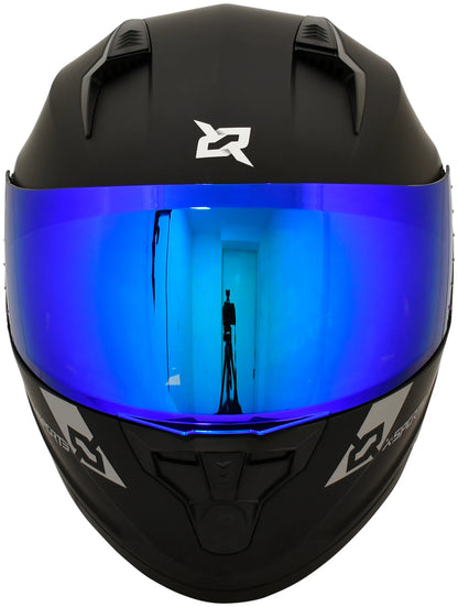 Casco XSPORTS M67 Sólido negro con visor azul, vista frontal