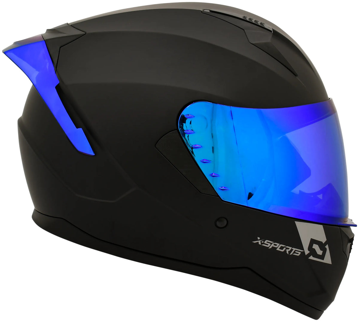 Casco XSPORTS M67 Sólido negro con visor azul, vista lateral derecha