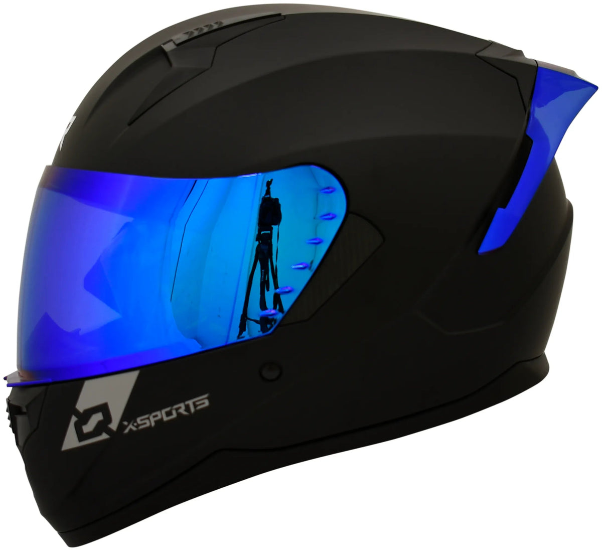 Casco XSPORTS M67 Sólido negro con visor azul, vista lateral