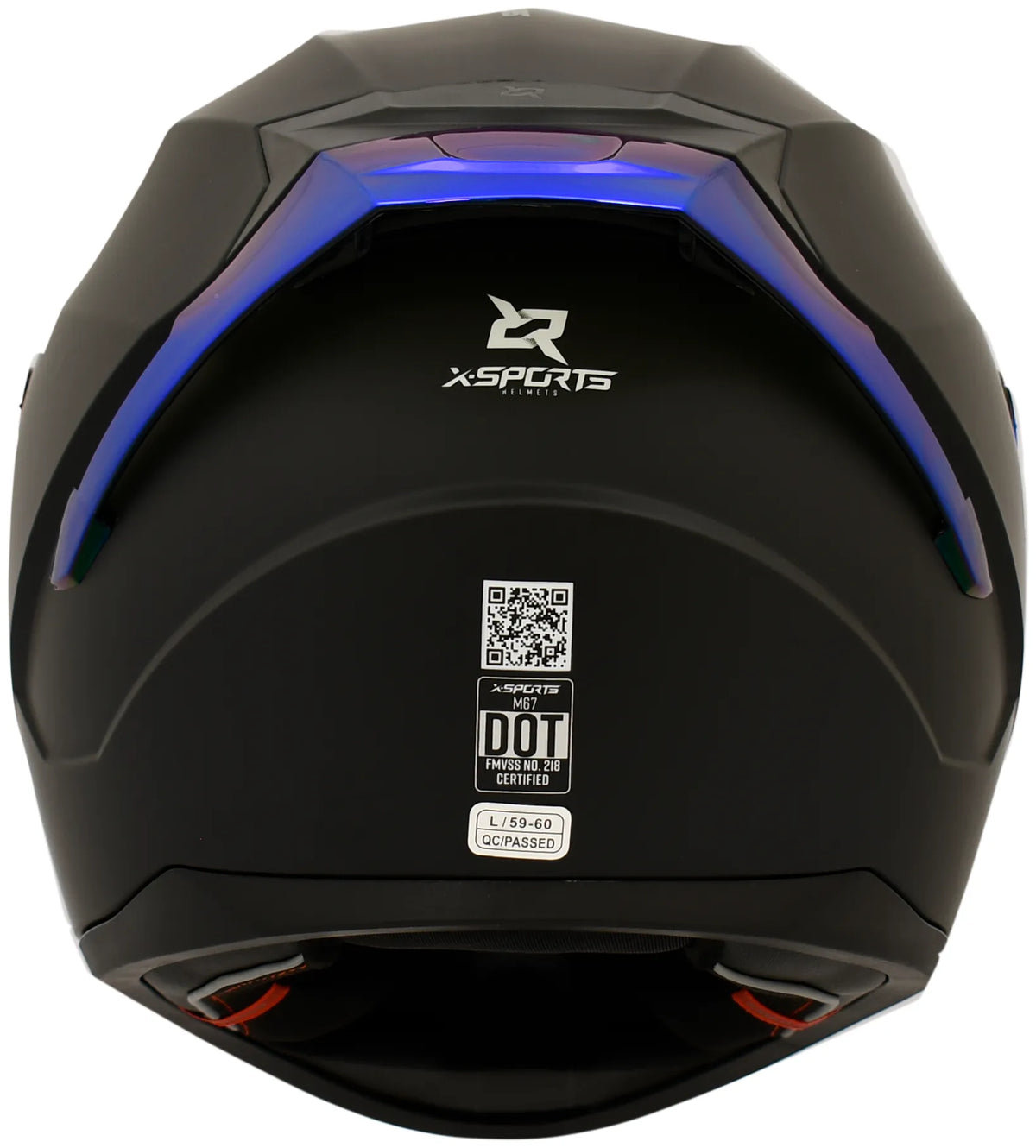 Casco XSPORTS M67 Sólido negro con visor azul, vista posterior
