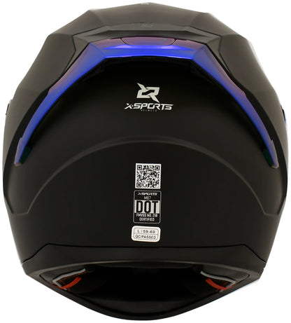 Casco XSPORTS M67 Sólido negro con visor azul, vista posterior