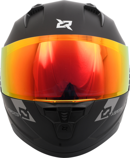 Casco XSPORTS M67 Sólido negro con visor naranja, vista frontal