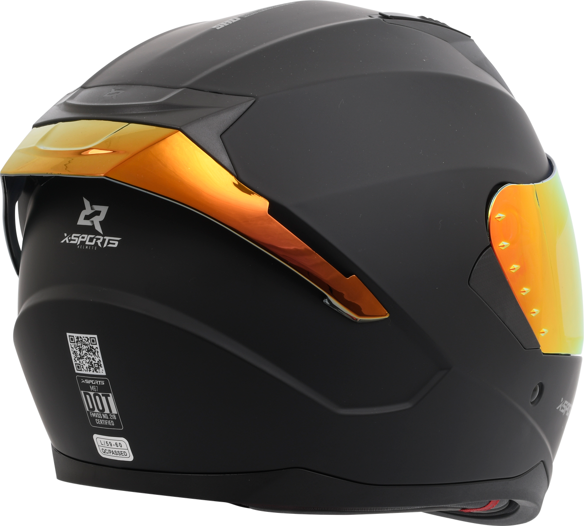 Casco XSPORTS M67 Sólido negro con visor naranja, vista posterior lateral