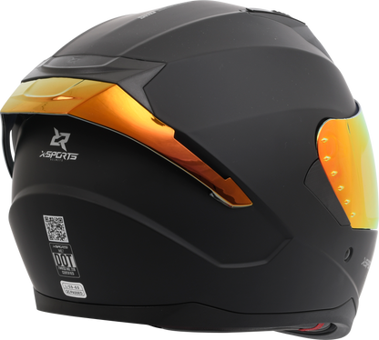 Casco XSPORTS M67 Sólido negro con visor naranja, vista posterior lateral
