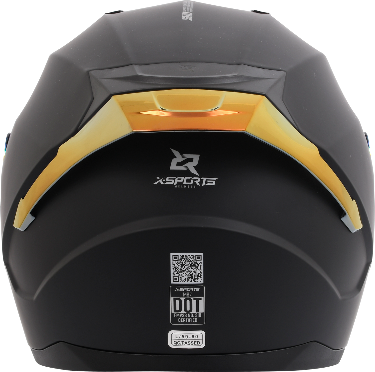 Casco XSPORTS M67 Sólido negro con visor naranja, vista posterior