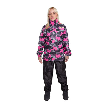 Impermeable Adventure fucsia y negro para moto, vista frontal completa